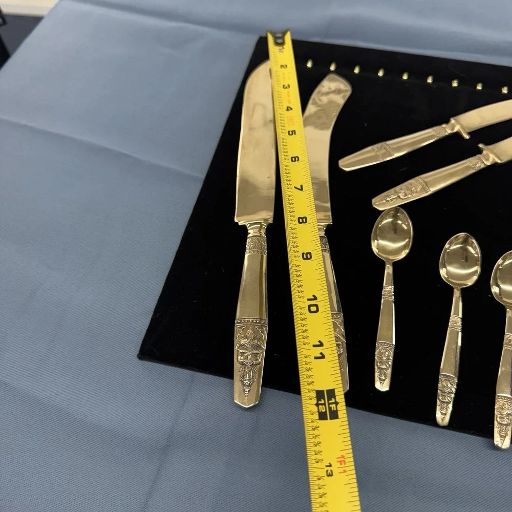 K Thailand Buddha 14 PC Flatware Set Brass  Knives And Tiny Spoons Vintage